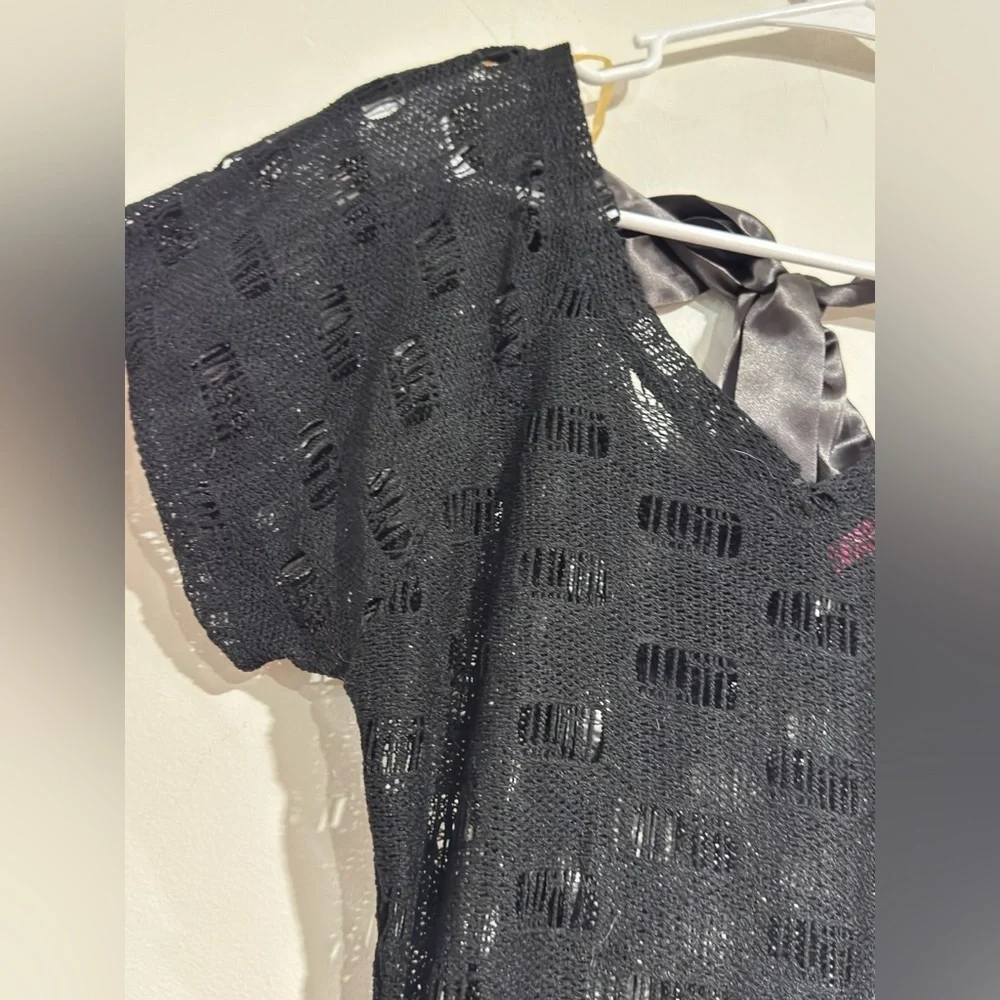 Si Designs Black Crochet Swim Cover Up Dress Ruched Tie Back Beachwear Size S